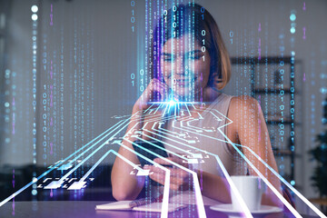 Woman using smartphone with digital binary data and circuit overlay on futuristic technology concept background in office environment..