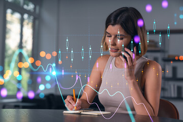 Businesswoman analyzing stock market data while on phone call, with financial chart overlay in modern office setting concept background..