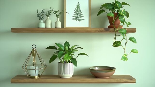 Calming Interior Featuring Wooden Shelves with Potted Golden Pothos Plants and Fern Print Against a Soft Green Wall in Bright and Modern Interior Design Perfect For Decoration