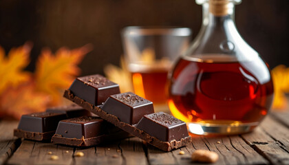  autumn still life Dark chocolate bars with cognac bottle. Sweet dessert and alcoholic drink. Autumn cozy evening concept