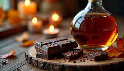  autumn still life Dark chocolate bars with cognac bottle. Sweet dessert and alcoholic drink. Autumn cozy evening concept