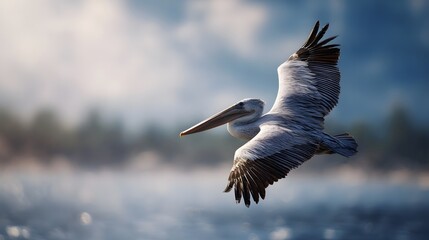 A majestic pelican in mid flight wings outstretched over calm blue water illuminated by soft light from a bright cloudy sky