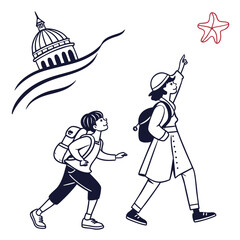 Two people with backpacks a child and an adult are exploring and looking up at a red star and a domed building in the distance