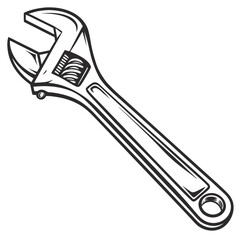 Obraz premium A black and white illustration of a single adjustable wrench also known as a monkey wrench isolated on a white background showcasing its mechanical design and utility