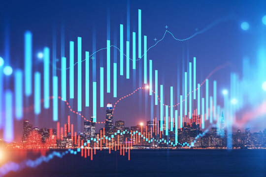 Financial market data concept over USA cityscape background with glowing bar charts and line graphs in futuristic digital style at night.