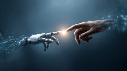 Human hand touching metallic robotic hand against dark network patterned background, representing human ai interconnectivity and technological convergence