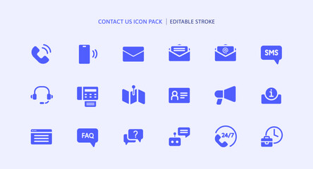 Contact us business icon set for customer service and call center. Communication support by email, mobile phone, sms marketing, ai chatbot automation and FAQ information on website in 24 hours.