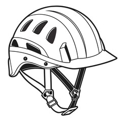 A detailed black and white line drawing illustration of a modern bicycle helmet with vents and straps for safety and protection during cycling activities