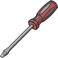 A simple illustration of a flathead screwdriver with a red handle and a silver metal shaft isolated on a white background
