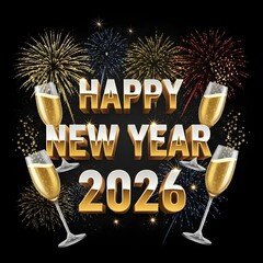 Happy new year 2026 celebration with champagne and fireworks t shirt design
