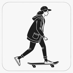 A skater girl with a cap rides a skateboard © dada