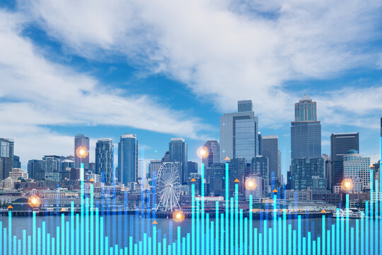 Modern cityscape of an American skyline overlaid with glowing bar charts and data icons on a bright cloudy sky background, illustrating digital economy concept.