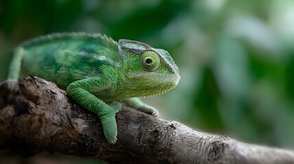 A green chameleon rests on a textured tree branch in its natural jungle habitat