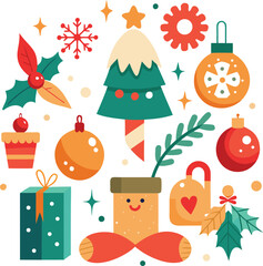 Vector art of a charming assortment of christmasthemed elements, featuring a whimsical christmas tree, festive ornaments, gift boxes, holly leaves, and a cute character, all presented on a