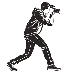 A dynamic black and white silhouette illustration of a person wearing a baseball cap and hoodie actively taking a photograph with a professional camera while in a low stance capturing a moment
