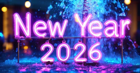 Bright neon sign displays New Year 2026. Water fountain creates vibrant background. Festive illumination dominates scene.