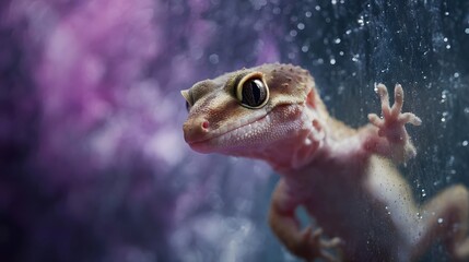 Close up portrait of a curious gecko climbing on a wet glass surface with a vibrant purple and blue bokeh background