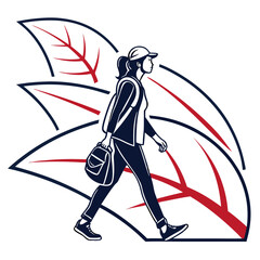 Stylized illustration of a young woman wearing a cap and backpack walking forward with abstract leaf shapes in the background representing nature and movement