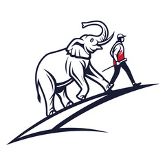 A stylized illustration of a man in a baseball cap and vest walking alongside a large elephant on a sloping path