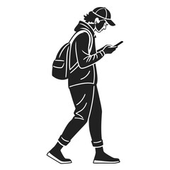 Silhouette of a person walking and using a smartphone