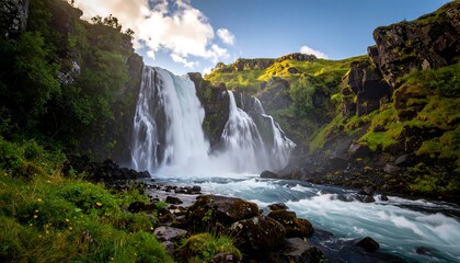 Fototapeta premium Majestic waterfall cascading down rocky cliffs into a rushing river, bathed in sunlight