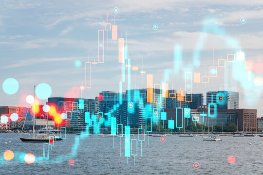 Futuristic financial data visualization overlay on modern USA cityscape with waterfront and sailboats in background, conveying tech economy concept. - Powered by Adobe