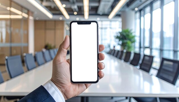 Hand holding smartphone in modern conference room with blank screen.