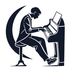 Illustration of a pianist playing a grand piano with a moon in background