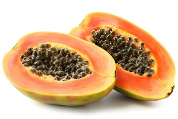 Two halves of a ripe papaya fruit with black seeds isolated on a white background