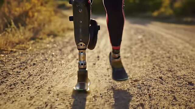 Close Up of Determined Athlete with Prosthetic Leg Walking on Dirt Path in Sunlight. Black and Red Leggings Contrast Against Earthy Tones Symbolizing Resilience and Strength