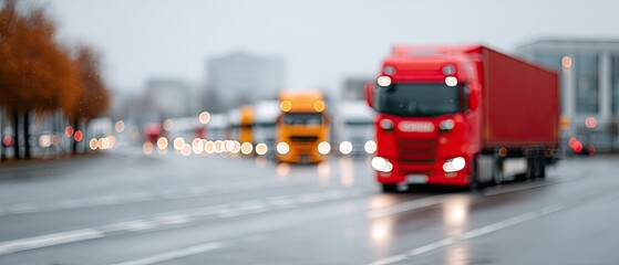 Macro Close Up Of Red Cargo Trucks On The Road With Bokeh Effect and City Background