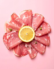 Thinly sliced cured meat arranged in a circular pattern, with a lemon slice in the center, on a pink background