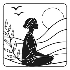 Serene silhouette of a woman meditating outdoors under a radiant sun with birds flying in the sky and lush foliage