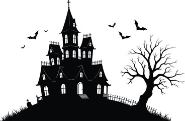 Haunted house silhouette with spooky bats, scary tree, gothic castle, Halloween night illustration, creepy horror scene design for decoration and artwork