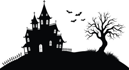 Haunted house silhouette with bats, spooky tree, gothic castle design, Halloween night illustration, scary horror scene for decoration and artwork