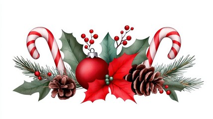 Christmas arrangement with candy cane pine cone ornaments and fir branches on a white background. Christmas holiday watercolor cut out design concept. Festive xmas decor sugary treat
