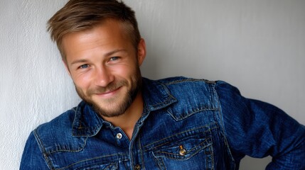 Obraz premium A man with a beard and blue jeans is smiling. He is wearing a blue shirt and jeans