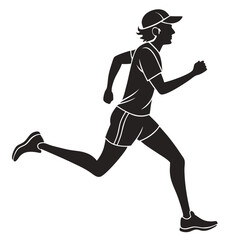 Silhouette of a person wearing a cap and athletic clothing running with a determined stride during a race or training session
