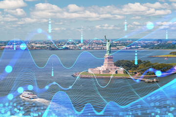 Statue of Liberty with futuristic data graphics overlay on water and cityscape background in USA representing modern economic technology concept.