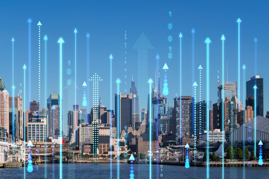 Digital growth concept with rising arrows over modern USA cityscape background depicting innovation and economic progress in America.