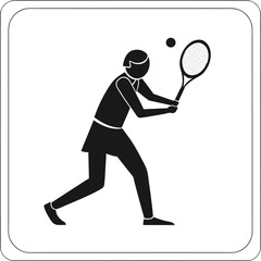 A stylized black silhouette of a female tennis player in mid swing about to hit a tennis ball with her racket depicted against a clean white background within a rounded square frame