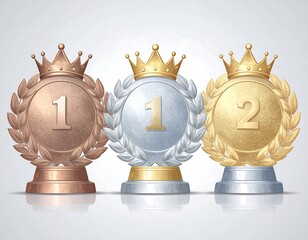 Three awards, bronze, silver, gold, with crowns and laurel wreaths