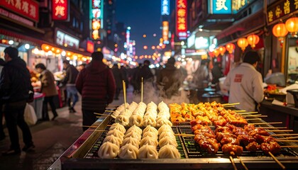 Naklejka premium Delicious Street Food Skewers at a Bustling Asian Night Market.