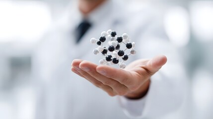 A scientist in a lab coat holds a detailed molecular model symbolizing scientific research and discovery