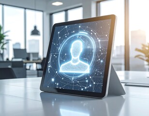 Tablet displaying a digital profile icon in a modern office setting