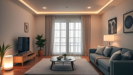 Fototapeta premium Smart home living room with voice assistant device glowing