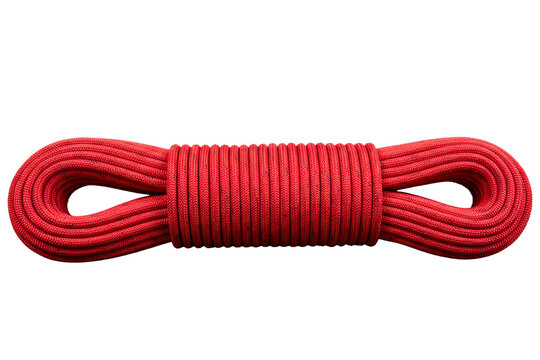 Neatly coiled red dynamic climbing rope for outdoor adventure on a transparent background