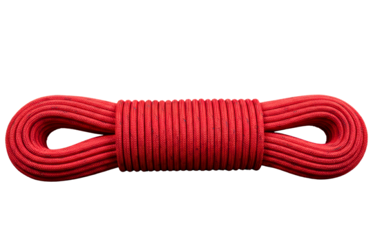 Neatly coiled red dynamic climbing rope for outdoor adventure on a transparent background