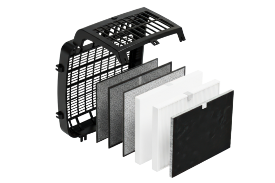 Exploded view of a multilayer air purifier replacement filter on a transparent background