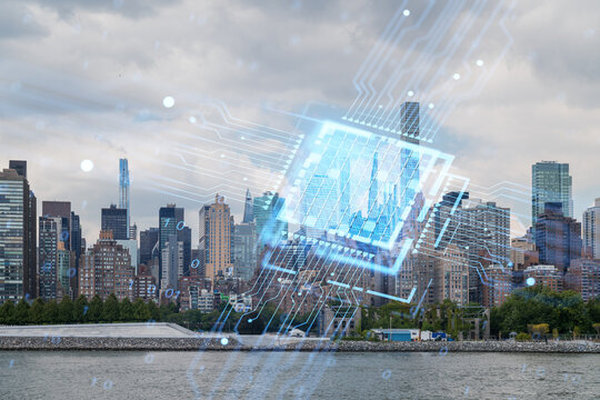 Futuristic digital technology concept over modern American cityscape with cyber elements and skyscrapers on cloudy day background.